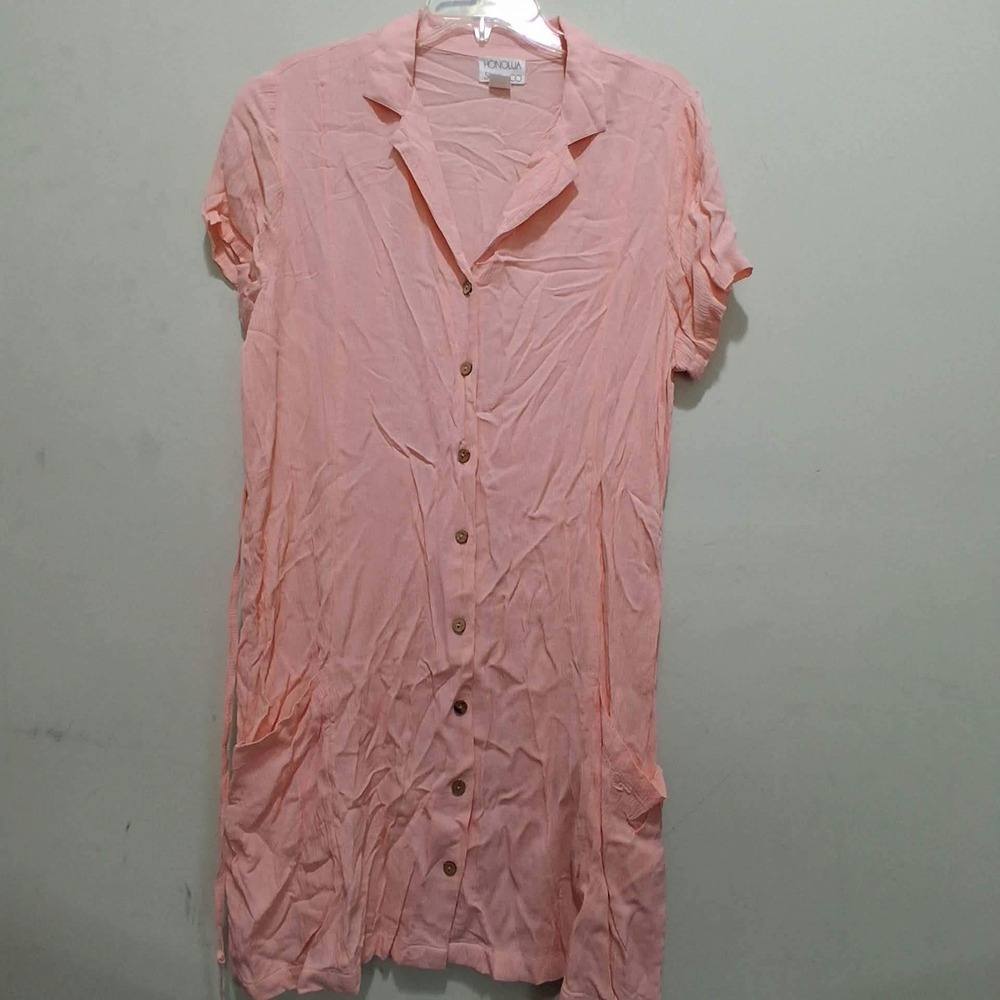 Honolua Surf Co Pink Viscose Button Front Shirt Dress XXL Pockets Peach Summer - Picture 1 of 7